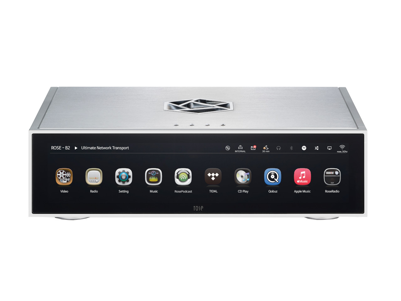 audiophile-Verstärker, Stereo-Empfänger, Silbernes Gehäuse, Frontpanel-Anzeige, Icon-Oberfläche