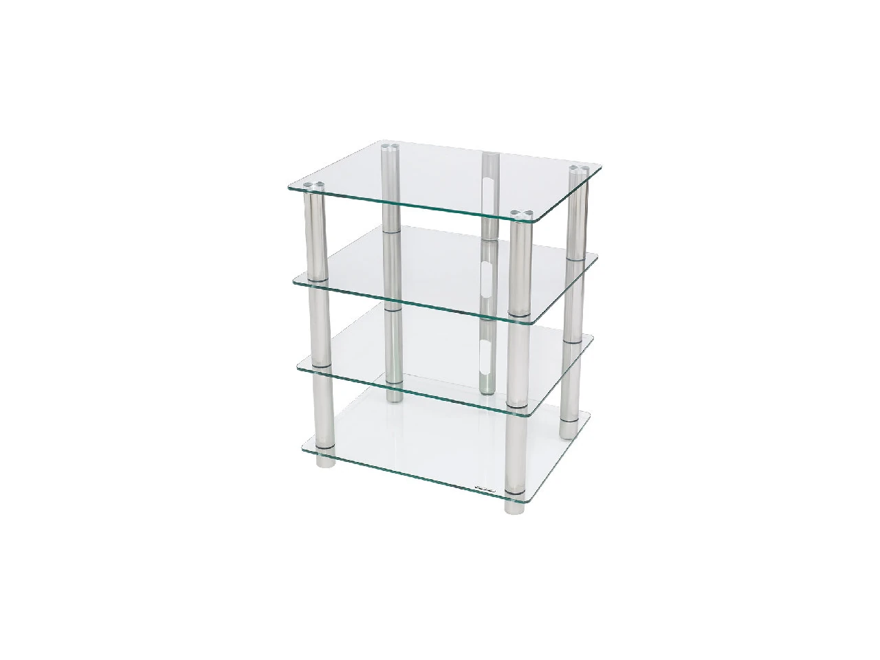 Glasregal, Vier Ebenen, Glasböden, Metallstützen, Transparent