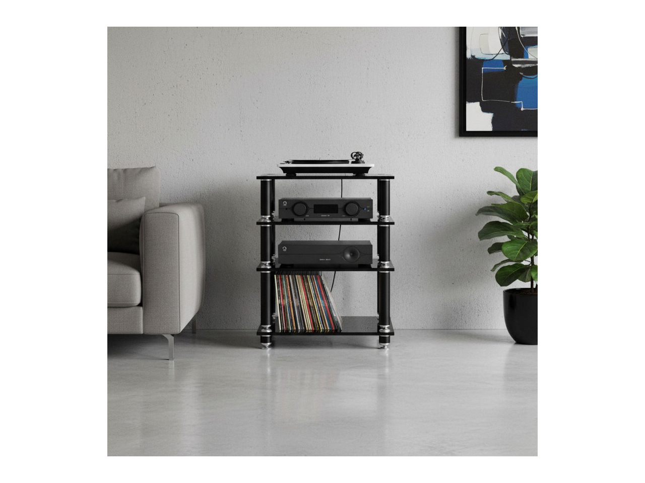 Hi-Fi-Regal, Audio-Komponenten, Vinyl-Schallplatten, Regal-System, Pflanzen topf