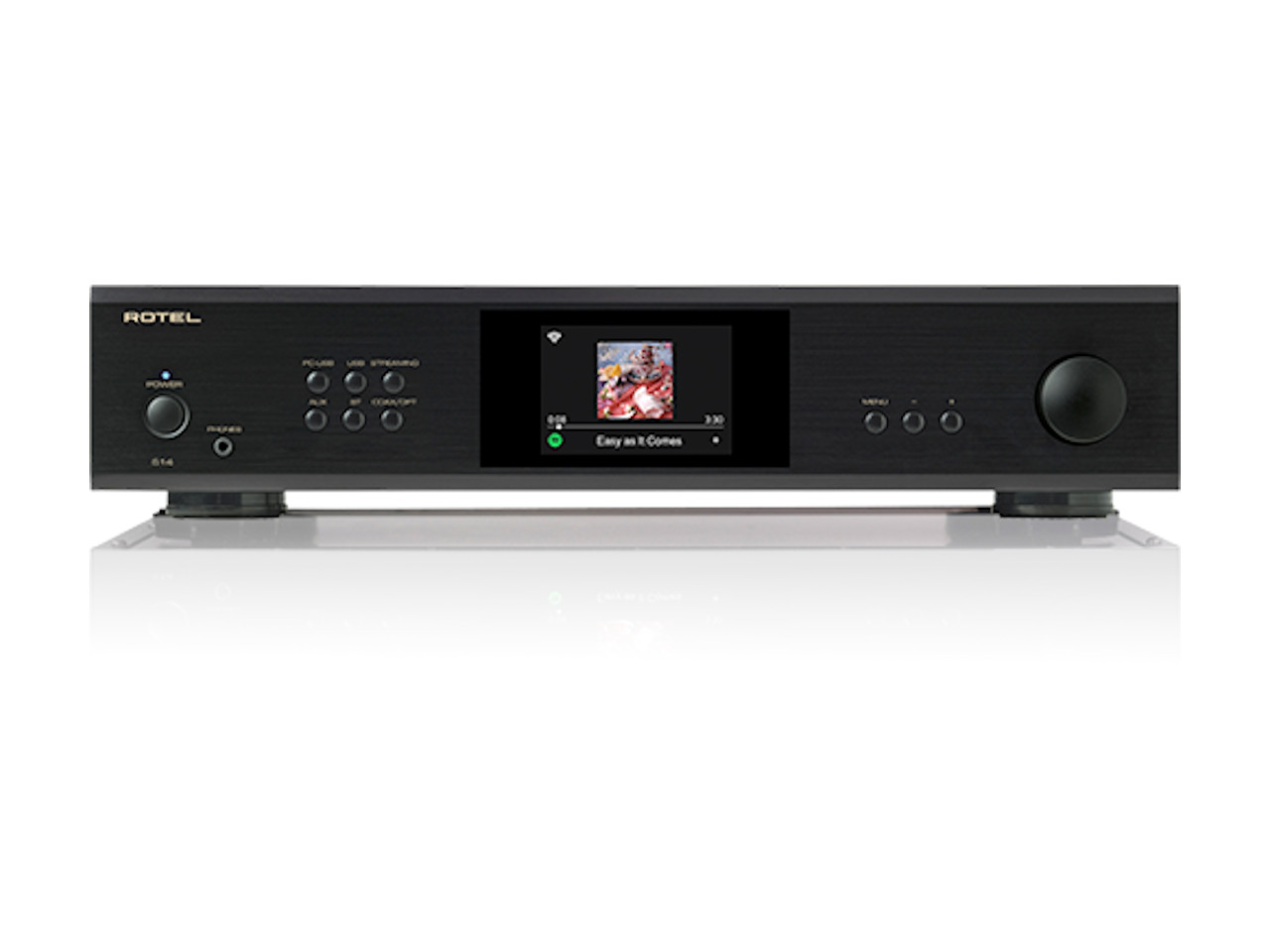 hifi receiver, stereo amplifier, digital display, black front panel, netzwerk-musikspieler