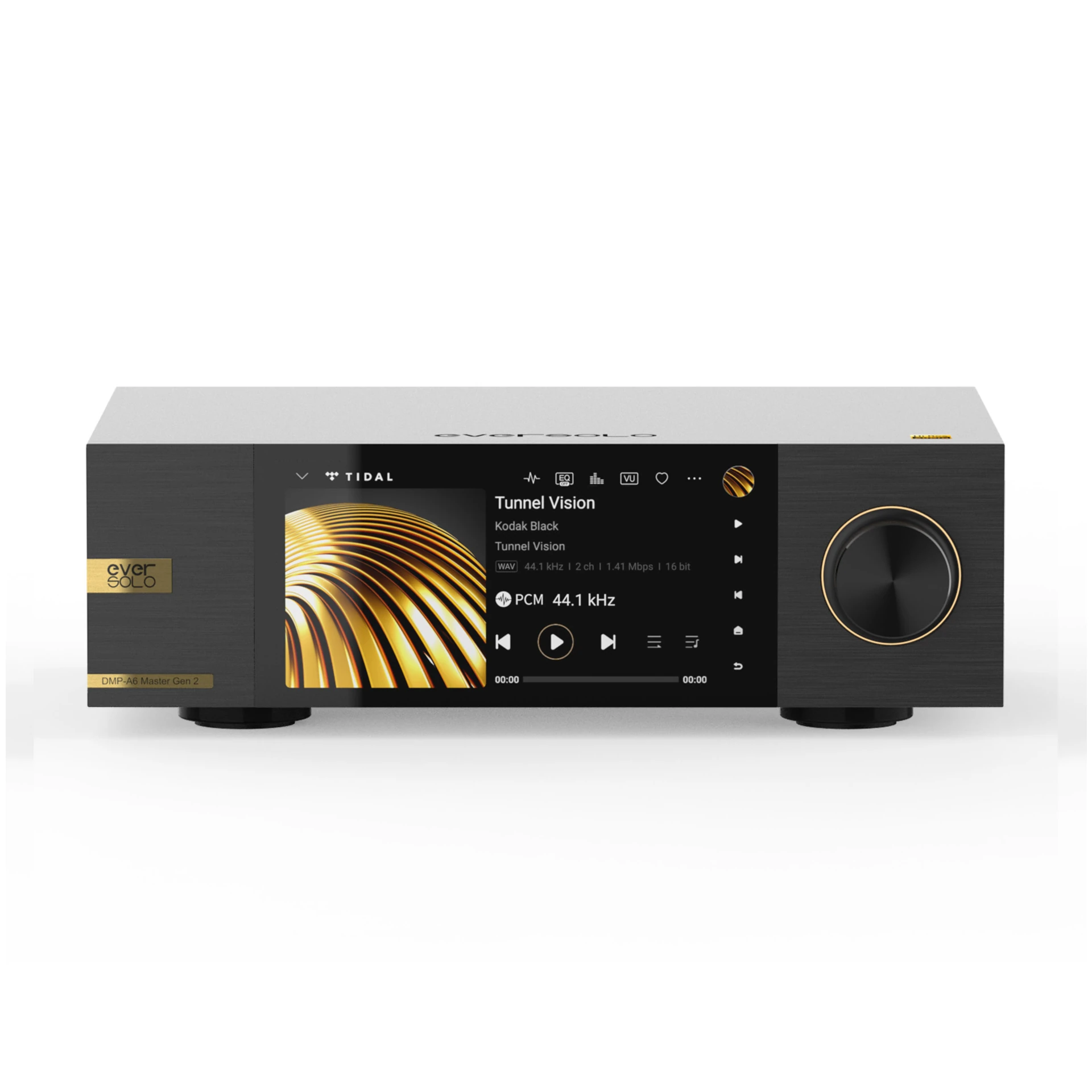 Hifi-Verstärker, Netzwerk-Player, Touchscreen-Display, Schwarz-Gold, Röhren-Design?