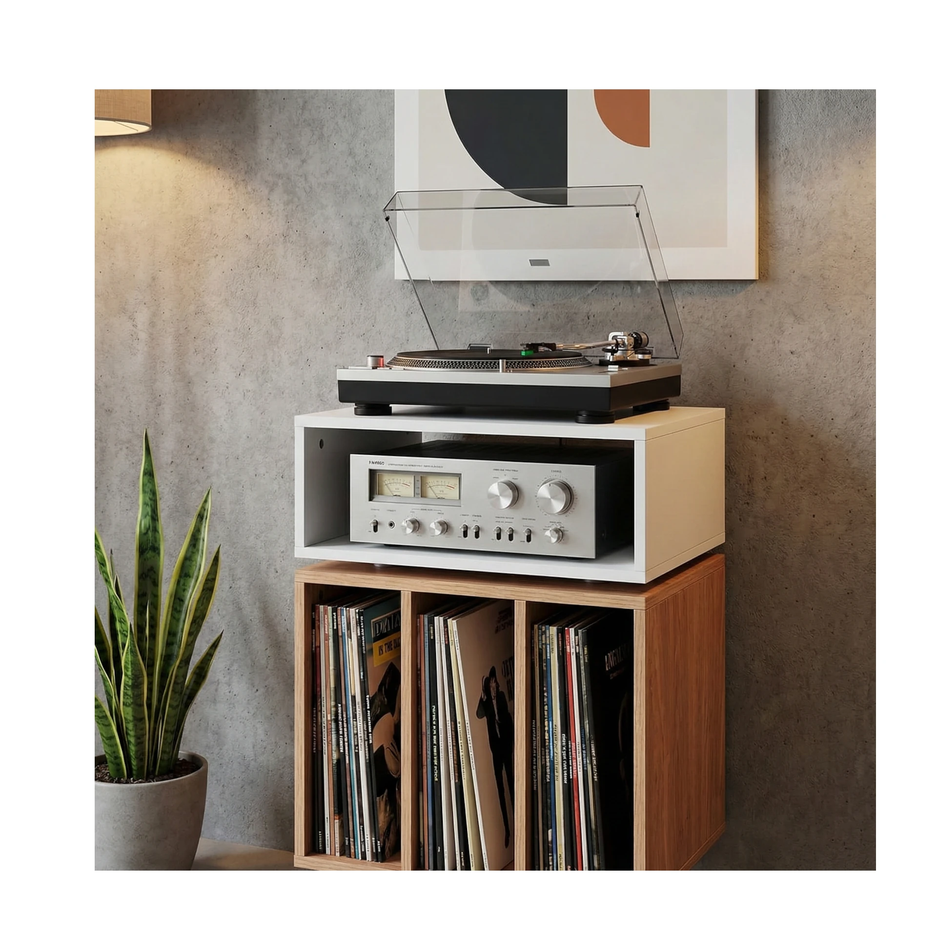 Plattenspieler, Transparente Staubhaube, Schwarzes Gehäuse, Vinyl-Schallplatten, Stereo-Verstärker