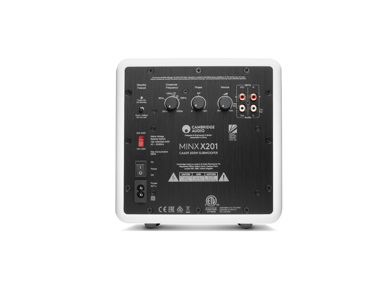 subwoofer, heimkino audio, schwarze frontplatte, RCA-Eingänge, Netzschalter
