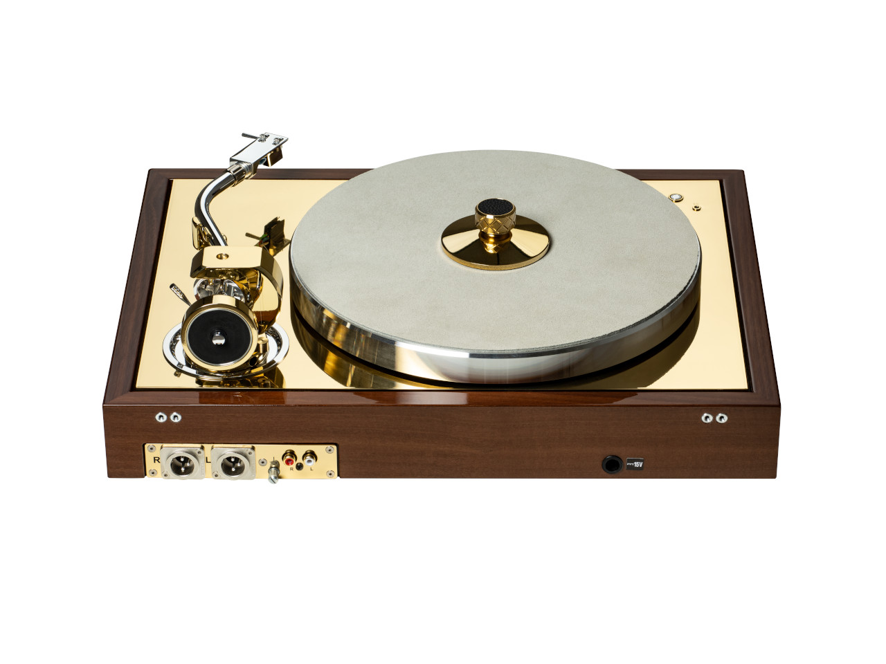 Plattenspieler, Tonarm, Goldfarben, Holzunterlage, Messing-Platte