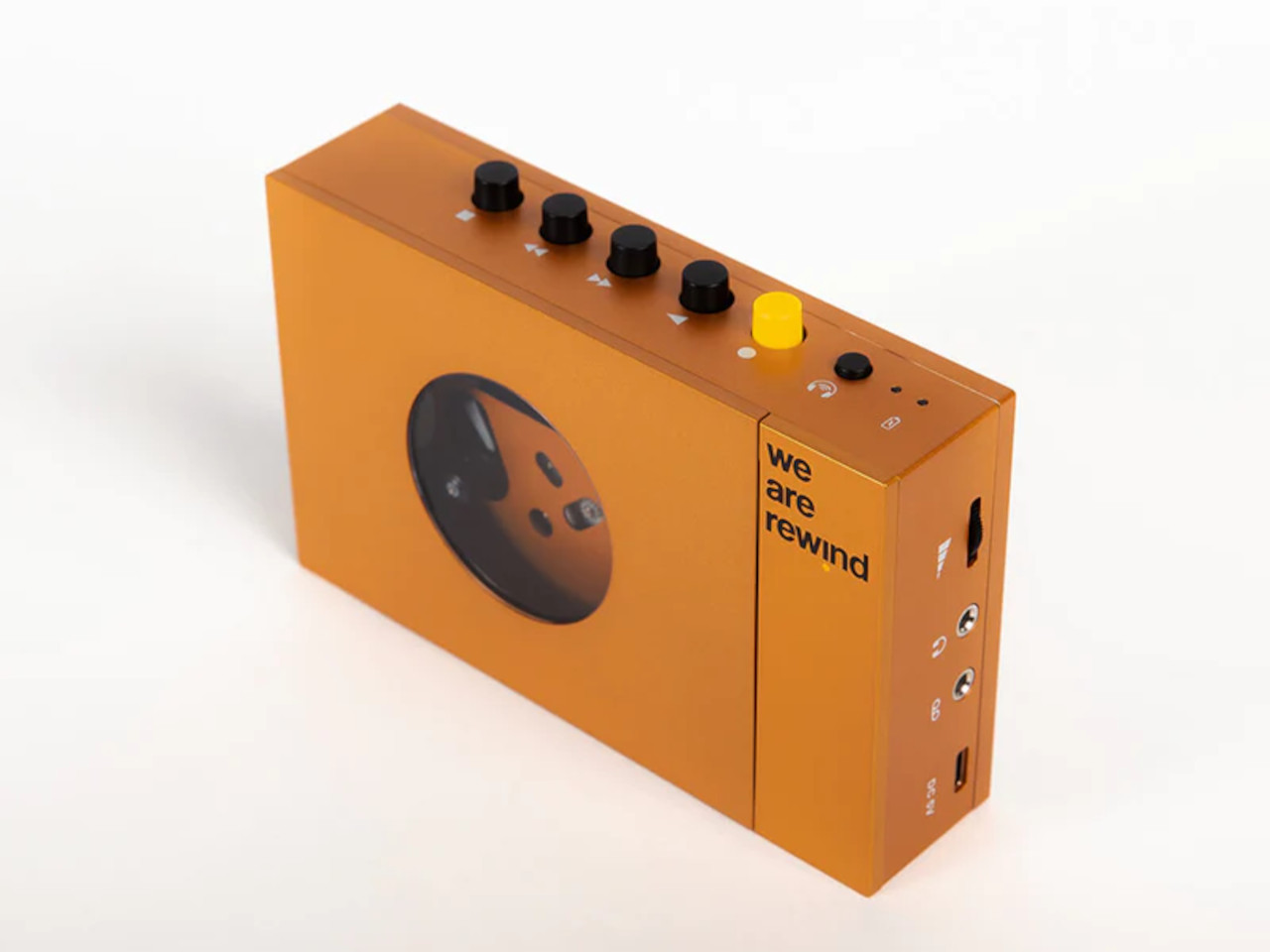 orange speaker, portabler Lautsprecher, Bluetooth, runder Lautsprechergrill, we are rewind