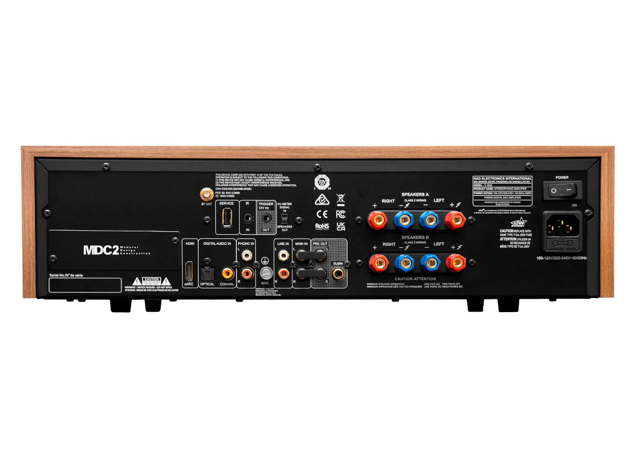 stereo receiver, amplifier, RCA ports, wooden cabinet, HDMI input