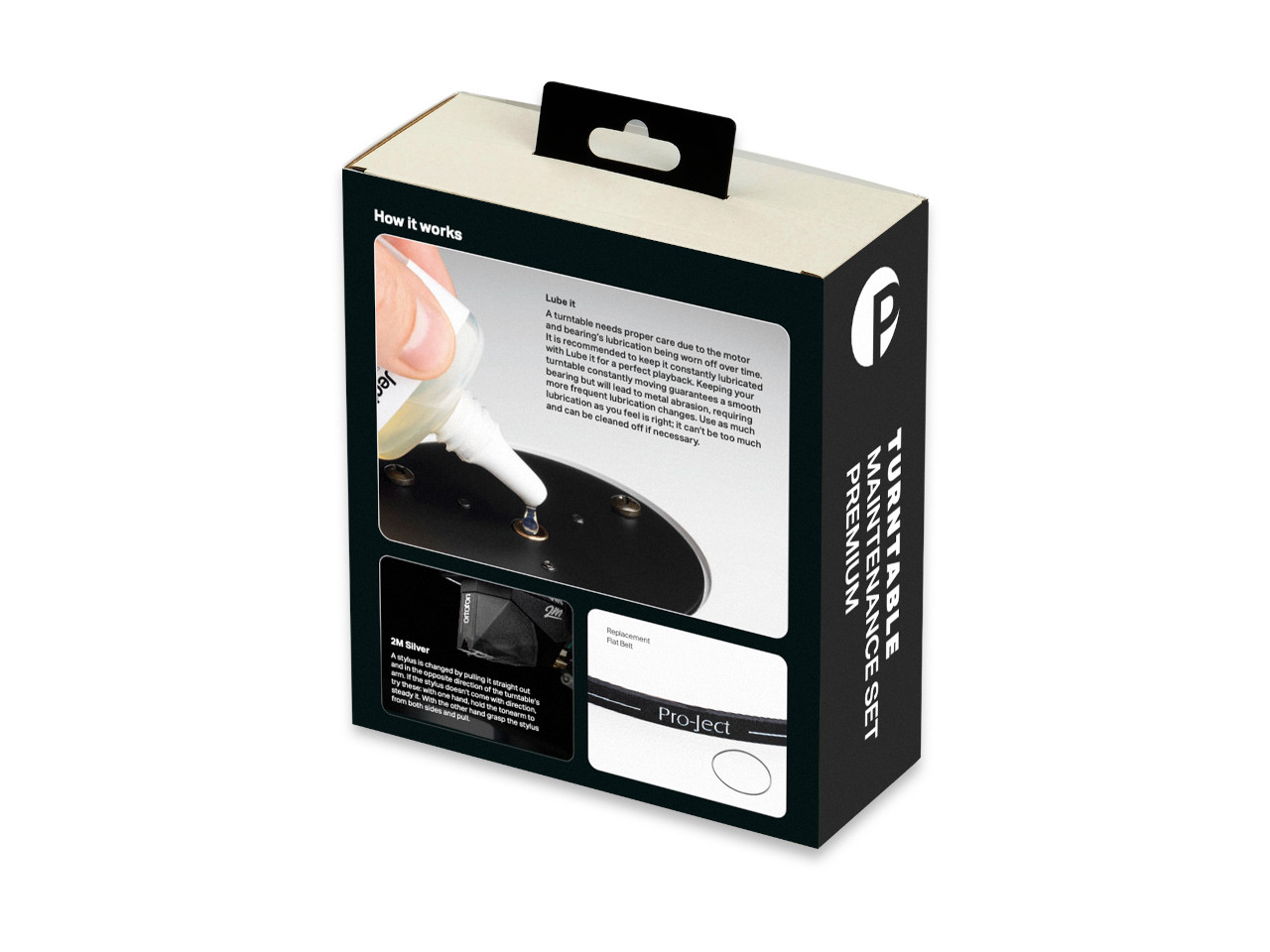 Plattenspieler-Pflegeset, Wartungsset, Riemen, Schmiermittel, Schwarze Verpackung
