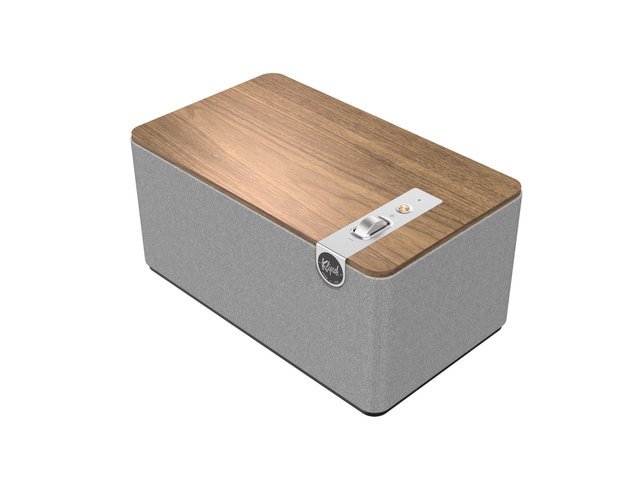 Bluetooth-Lautsprecher, Holzoberfläche, Grau Stoff, Bedienfeld, Lautstärkeregelung