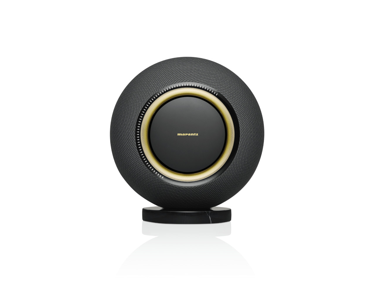 Lautsprecher, Schreibtischlautsprecher, runder Lautsprecher, schwarz, goldener Akzent