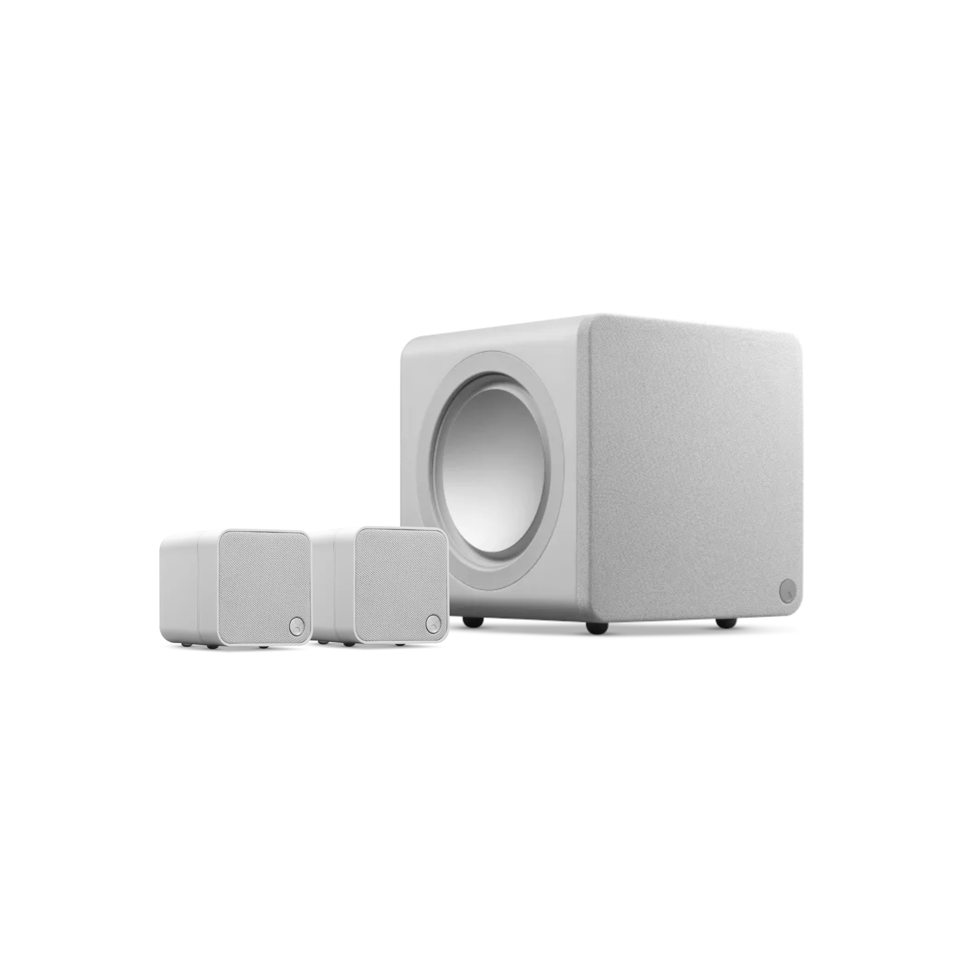 Lautsprechersystem, Subwoofer, Satellitenlautsprecher, weiß, Stoffbespannung
