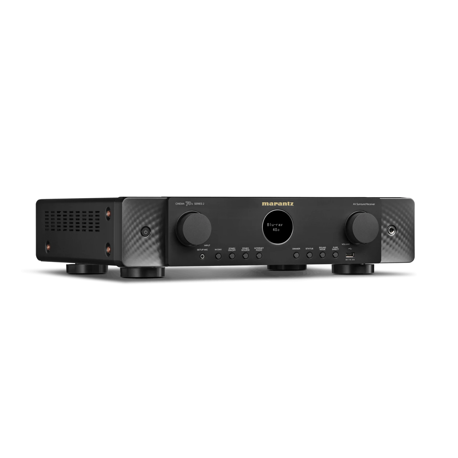 AV-Receiver, schwarz, Surround-Sound, Drehregler, Digitaldisplay