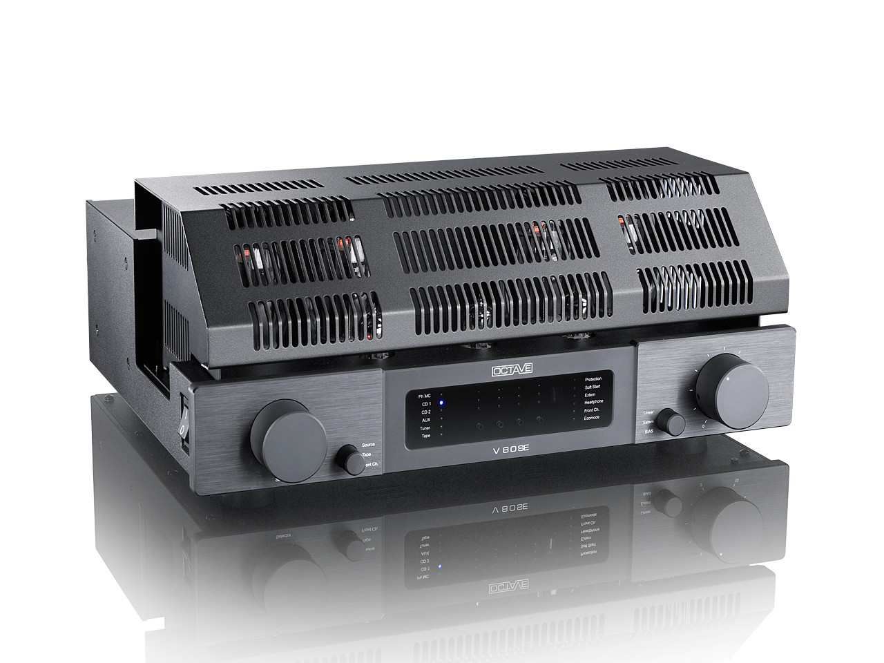 hifi stereo amplifier, vacuum vents, control knobs, front panel, rectangular black enclosure