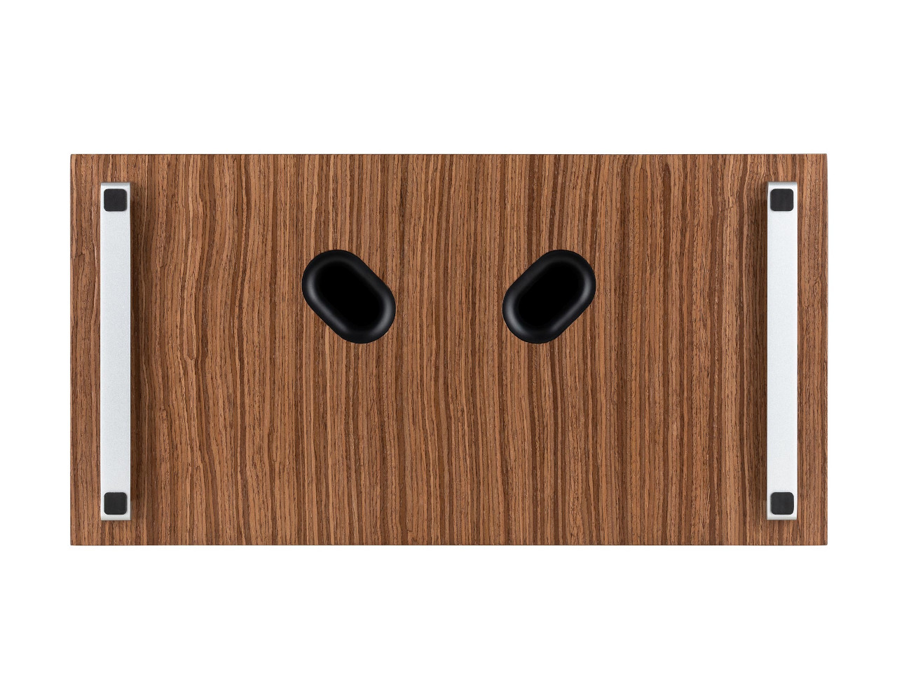 Holzoberfläche, schwarze Earbuds, Earbud-Spitzen, braunes Holzmuster, Metallgriffe