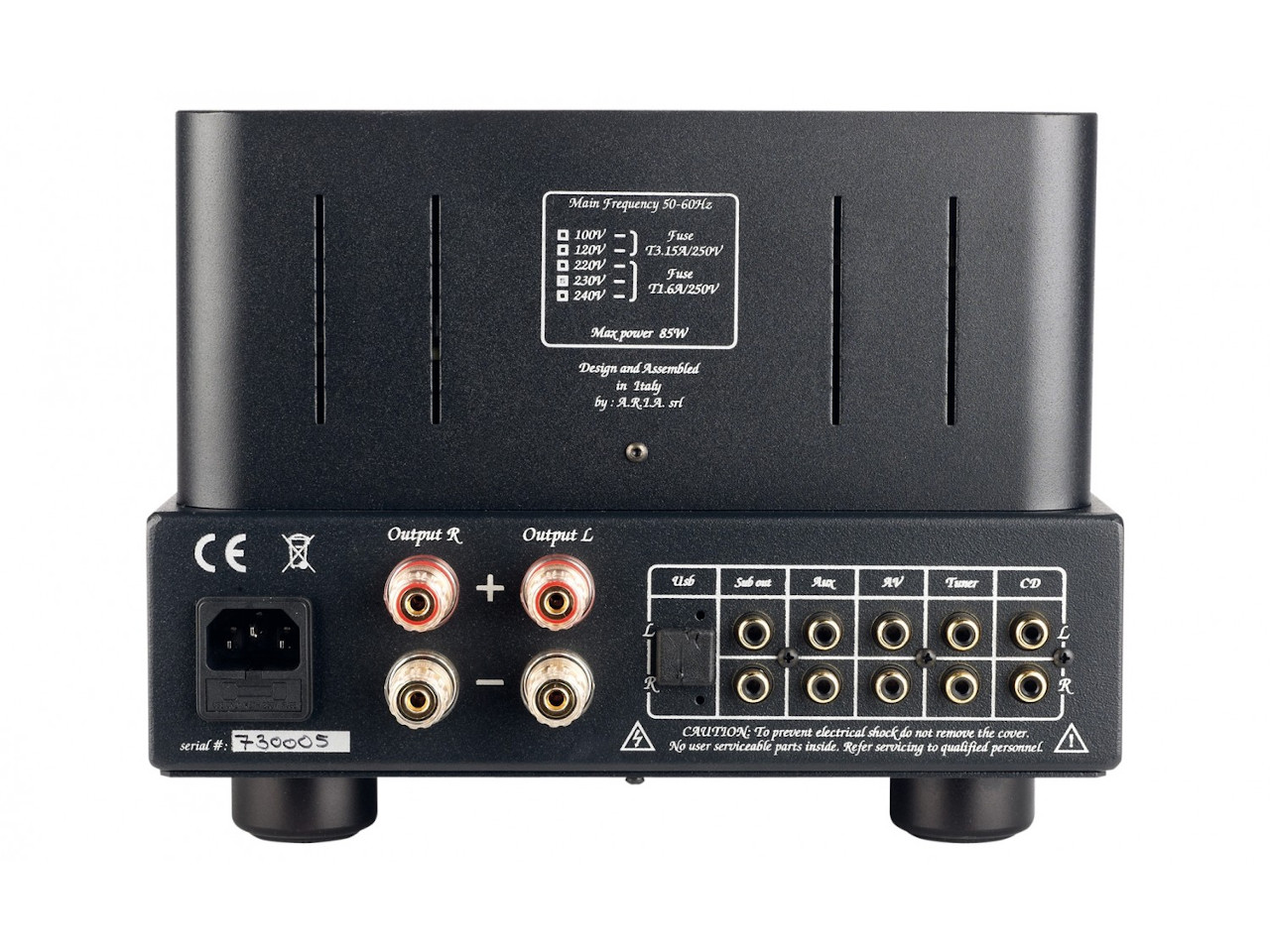 Hifi-Verstärker, RCA-Ausgänge, Kunststoffgehäuse, Netzteilanschluss, Verstärker-Backend