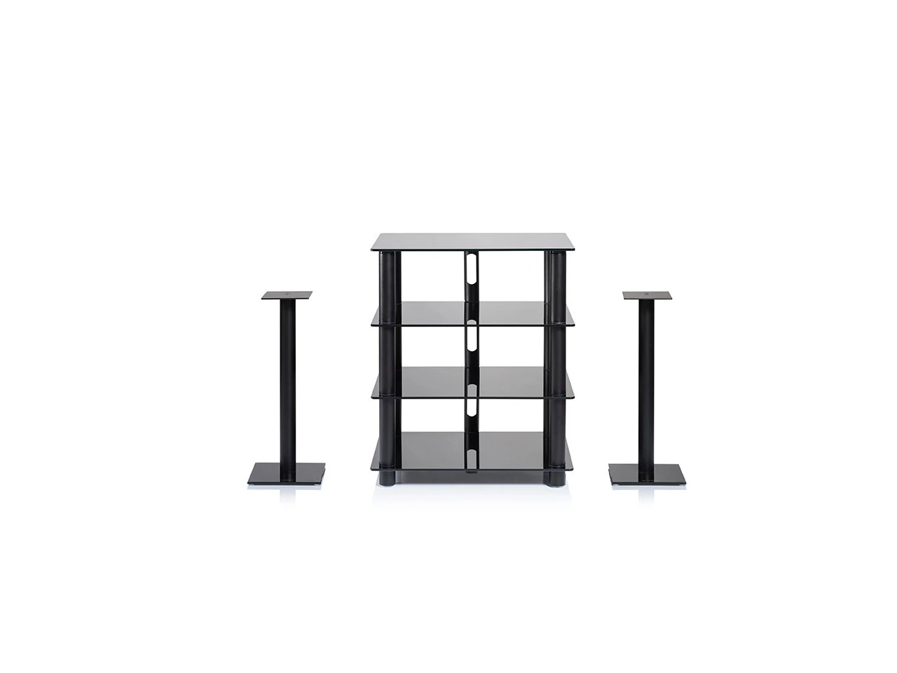 TV-Rack, Lautsprecherständer, Glasablagen, schwarz, Kabelmanagement