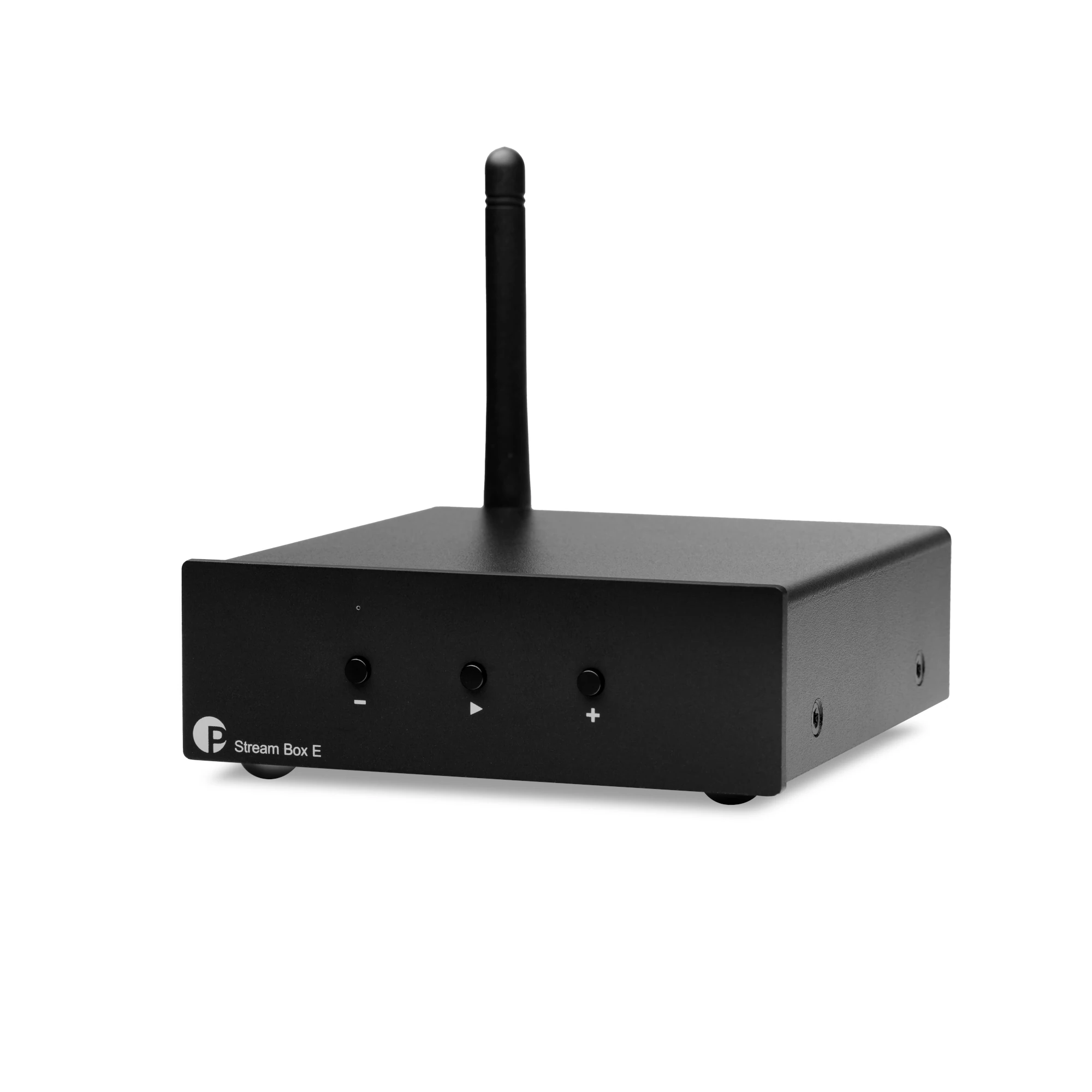 Streambox, drahtlose Antenne, schwarz Metall, Vorderseite, Lautstärkeregler