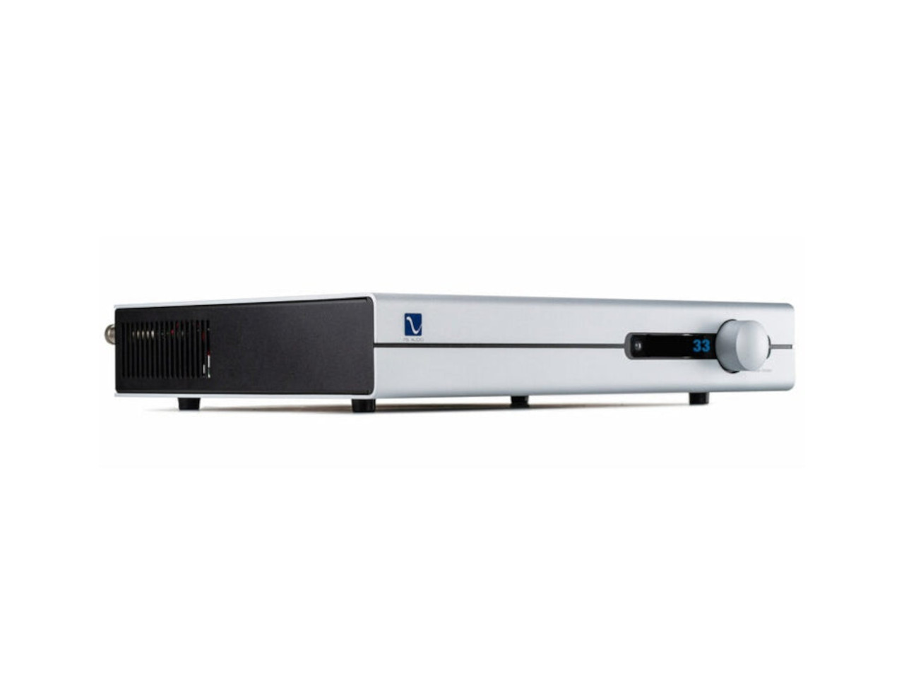 audiophiler Verstärker, Stereo-Verstärker, Hi-Fi, Silbernes Gehäuse, Drehknopf