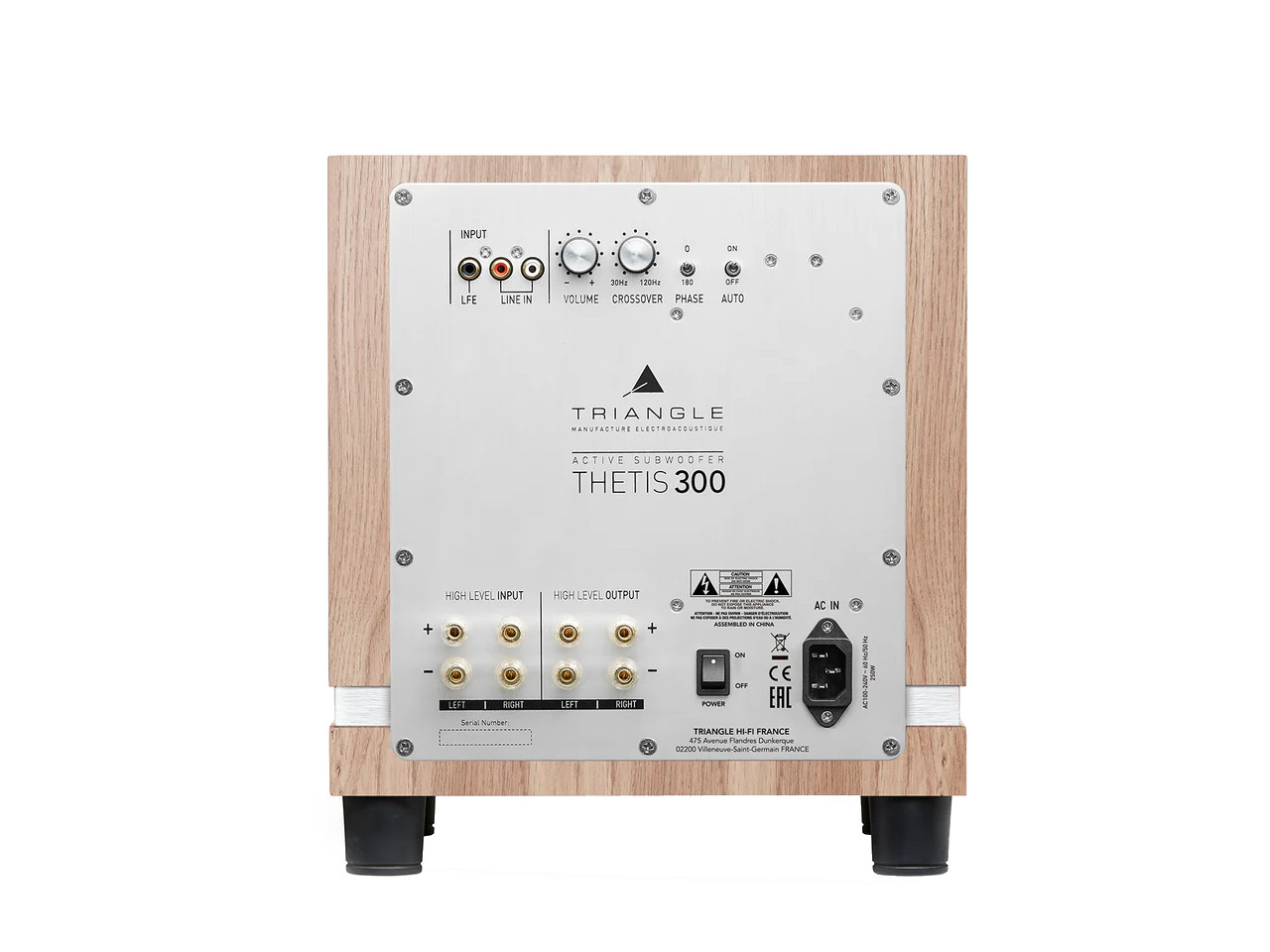 Subwoofer, Aktiv, Holzgehäuse, Silberne Blende, Ein- Ausgänge