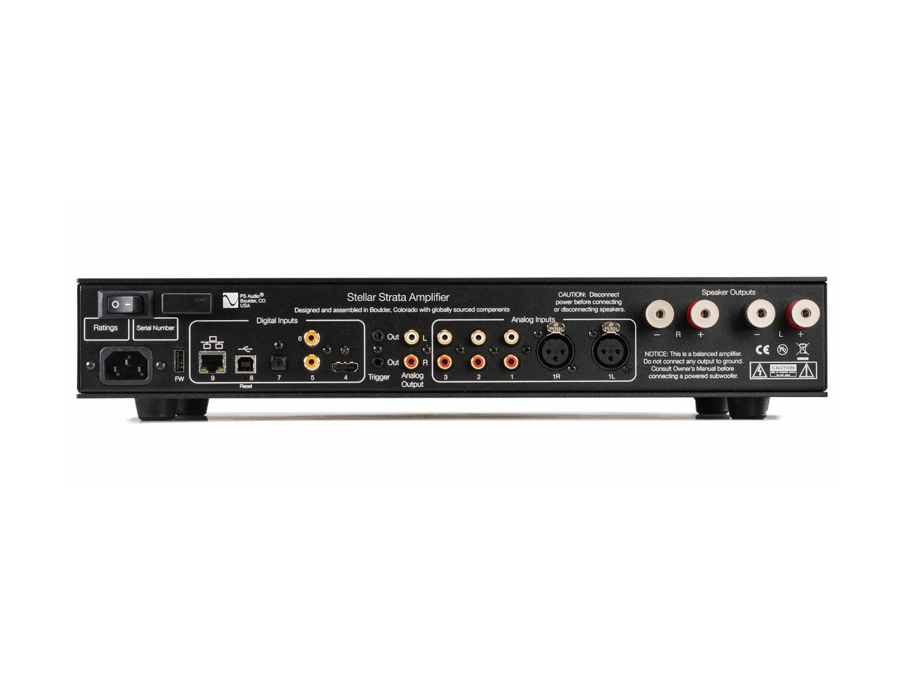 Stellar Strata Amplifier, Rückseite, RCA-Eingänge, XLR-Eingänge, Lautsprecherausgänge