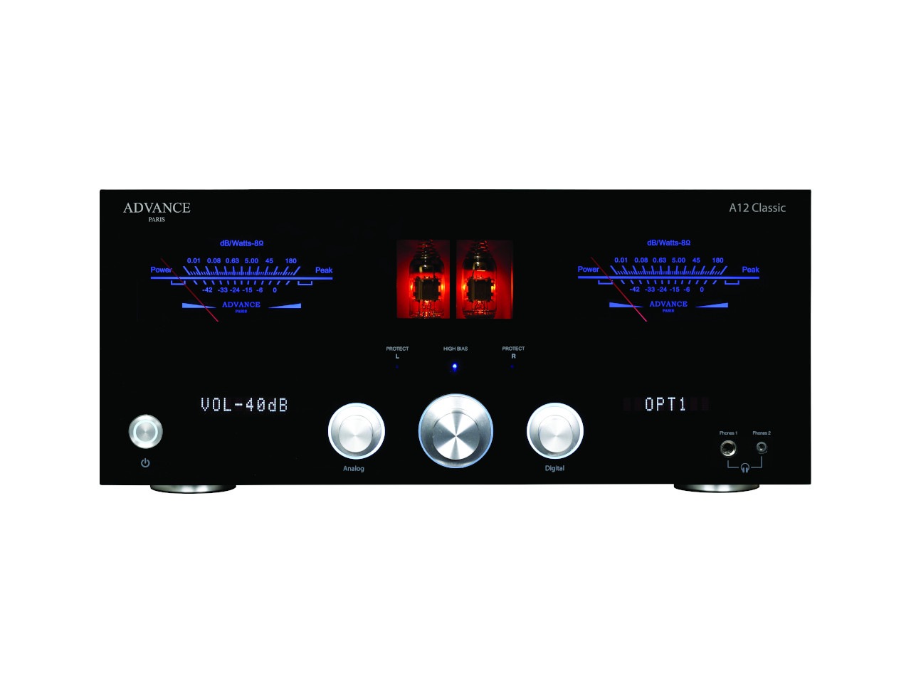 stereo amplifier, solid-state, black, analog knobs, VU meters