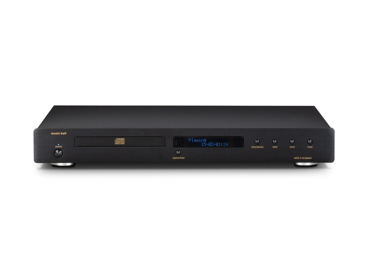 cd player, av receiver, silberner knopf, digitale anzeige, disc tray