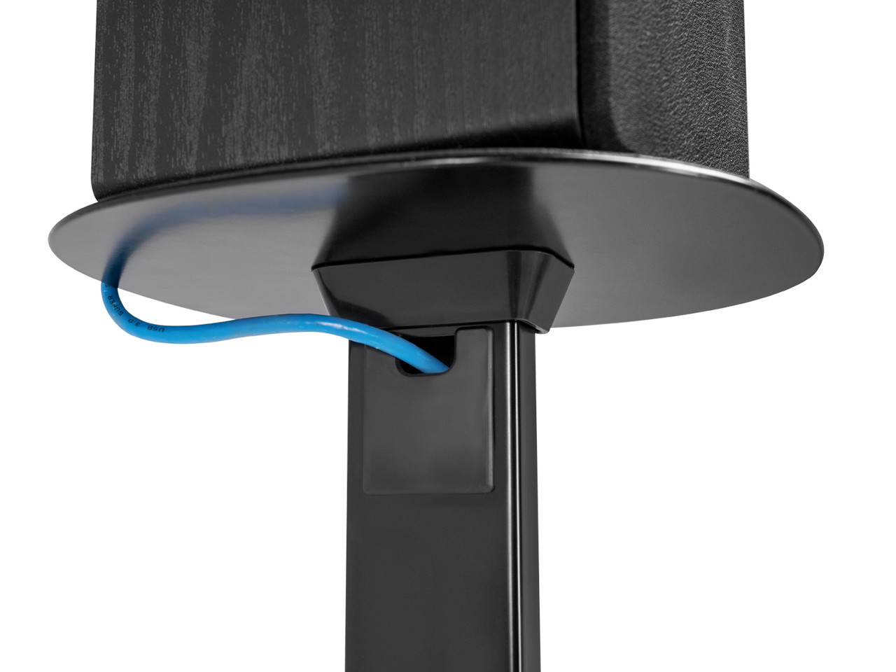 computer desk stand, monitor mount, cable, blue wire, gray pole