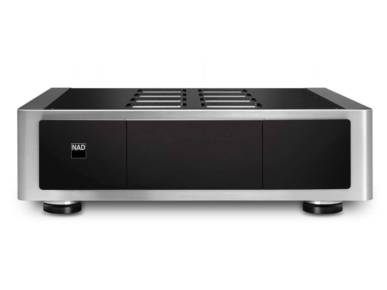 Stereo-Verstärker, Integrierter Verstärker, schwarze Frontplatten, silbernes Gehäuse, NAD-Label
