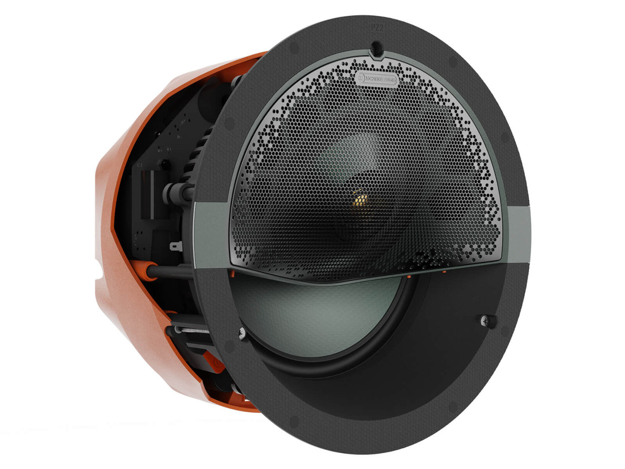 Lautsprecher, Klangschirm, Konzentrische Treiber, Schwarzer Lautsprecher, Gehäuse orange