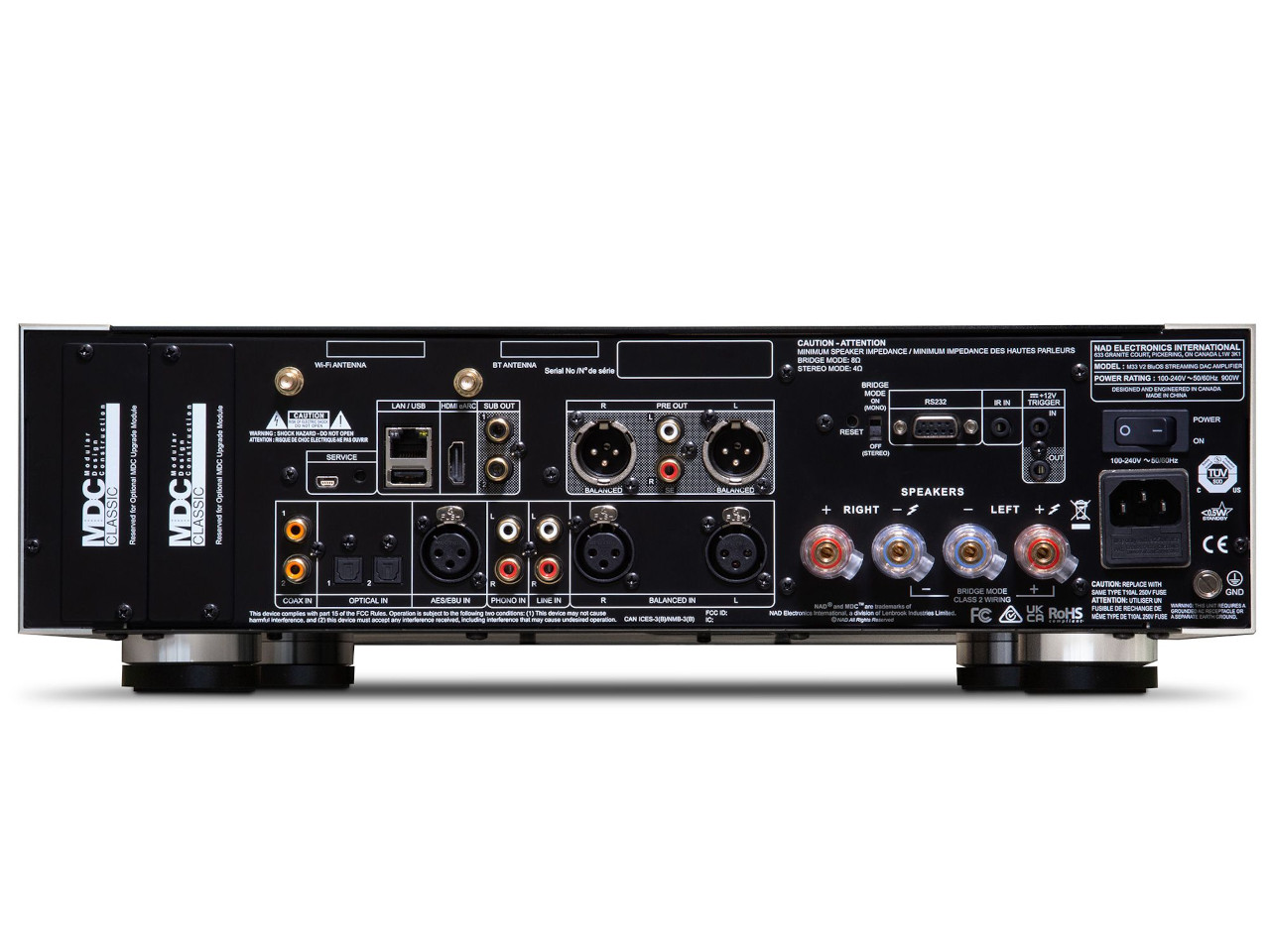 Verstärker Rückseite, Audio-Schnittstelle, RCA-Anschlüsse, XLR-Anschlüsse, Stromversorgung