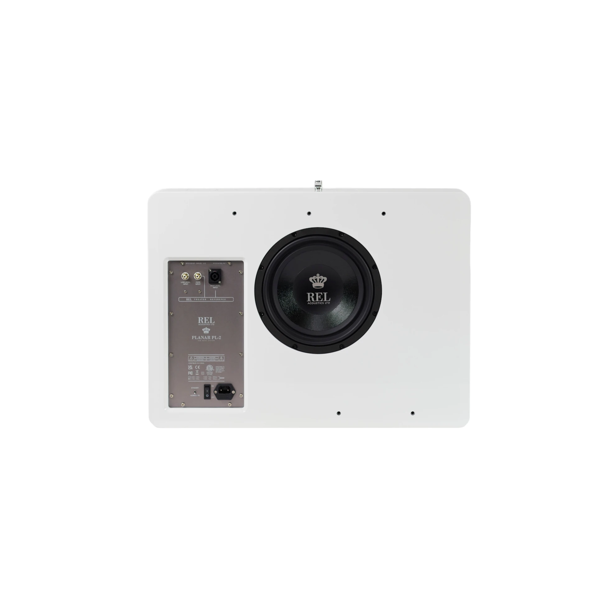 subwoofer, Lautsprecher, Weißes Gehäuse, Rückseite, REL Subwoofer