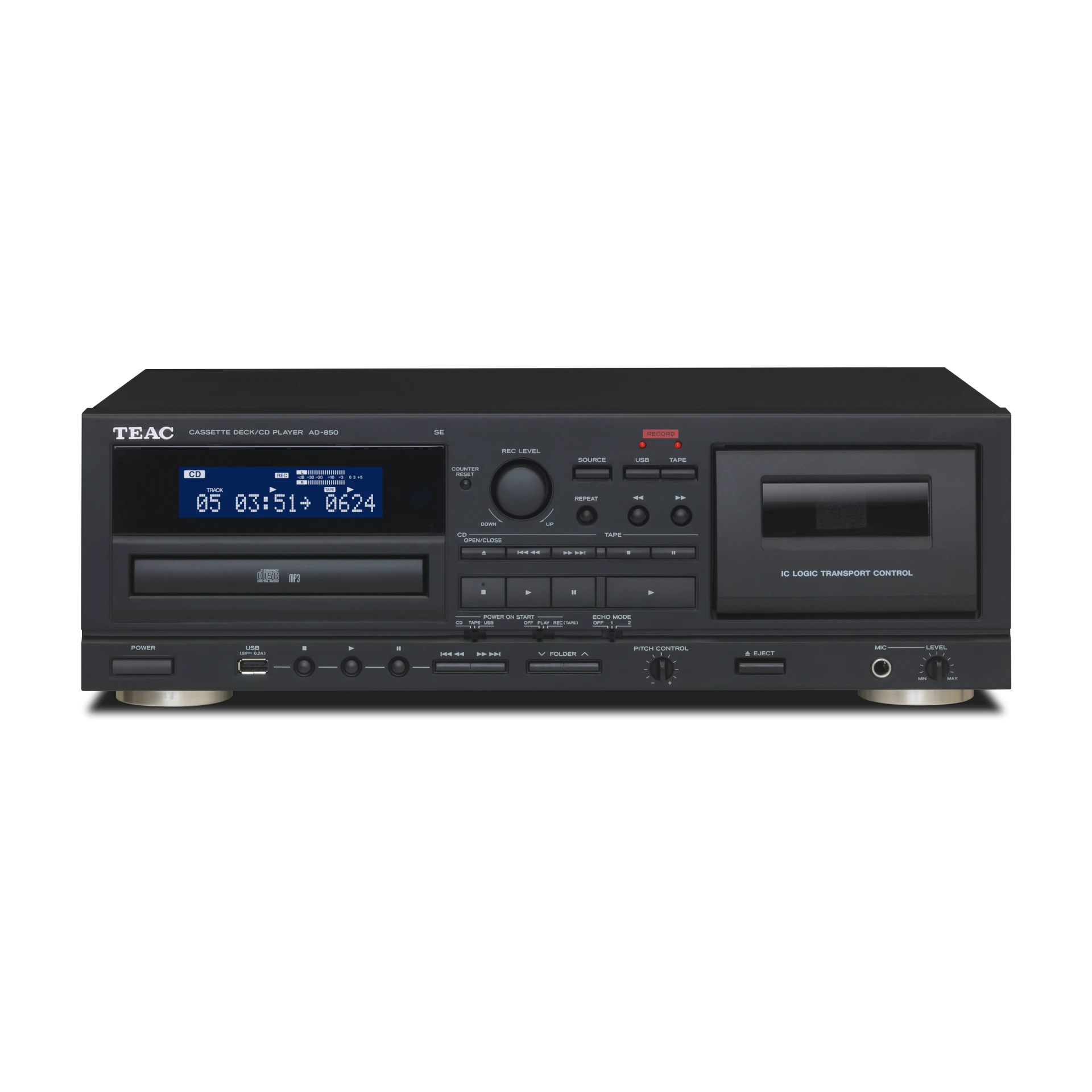 Kassettendeck, CD-Player, Hi-Fi-Empfänger, Frontdisplay, Drehknöpfe Tasten