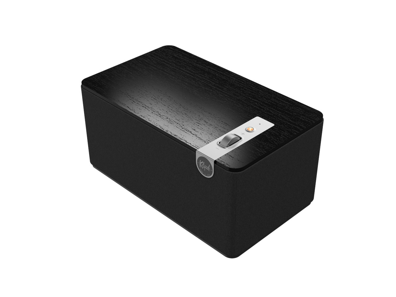 Box-Lautsprecher, kabelloser Lautsprecher, schwarz, Holzplatte, Lautstärkeregler
