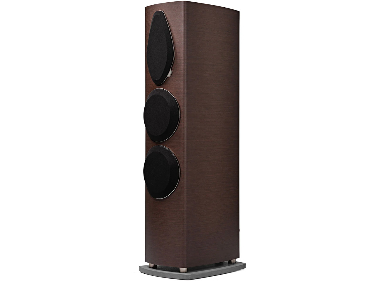 stereo speaker, bodenstaender, holz veneer, drei treiber, braun