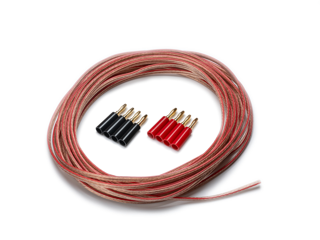 speaker wire, audio cable, banana plugs, twisted pair, red black cables