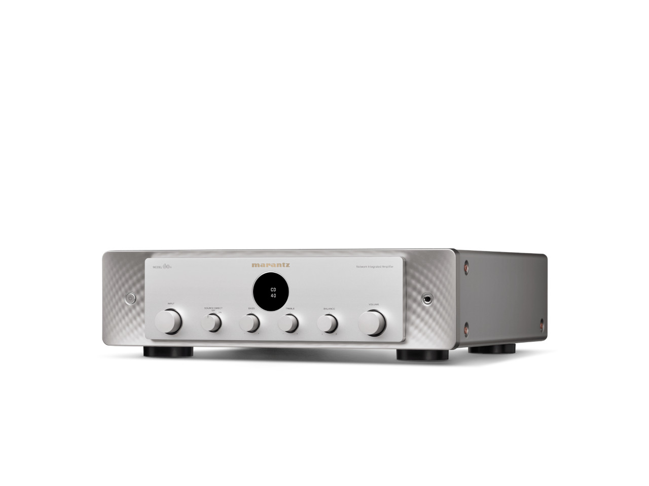 stereo amplifier, silberner finish, Bedienknöpfe, rundes Display, Seitenteile