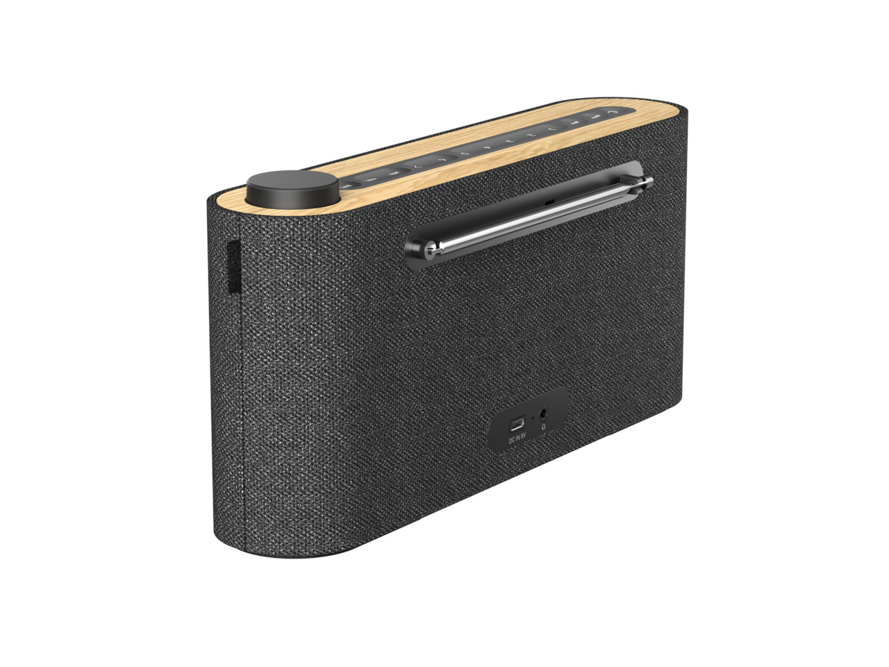 Bluetooth-Lautsprecher, Gewebedecke Außenhülle, Holzrand, Tragegriff, USB-C Eingang