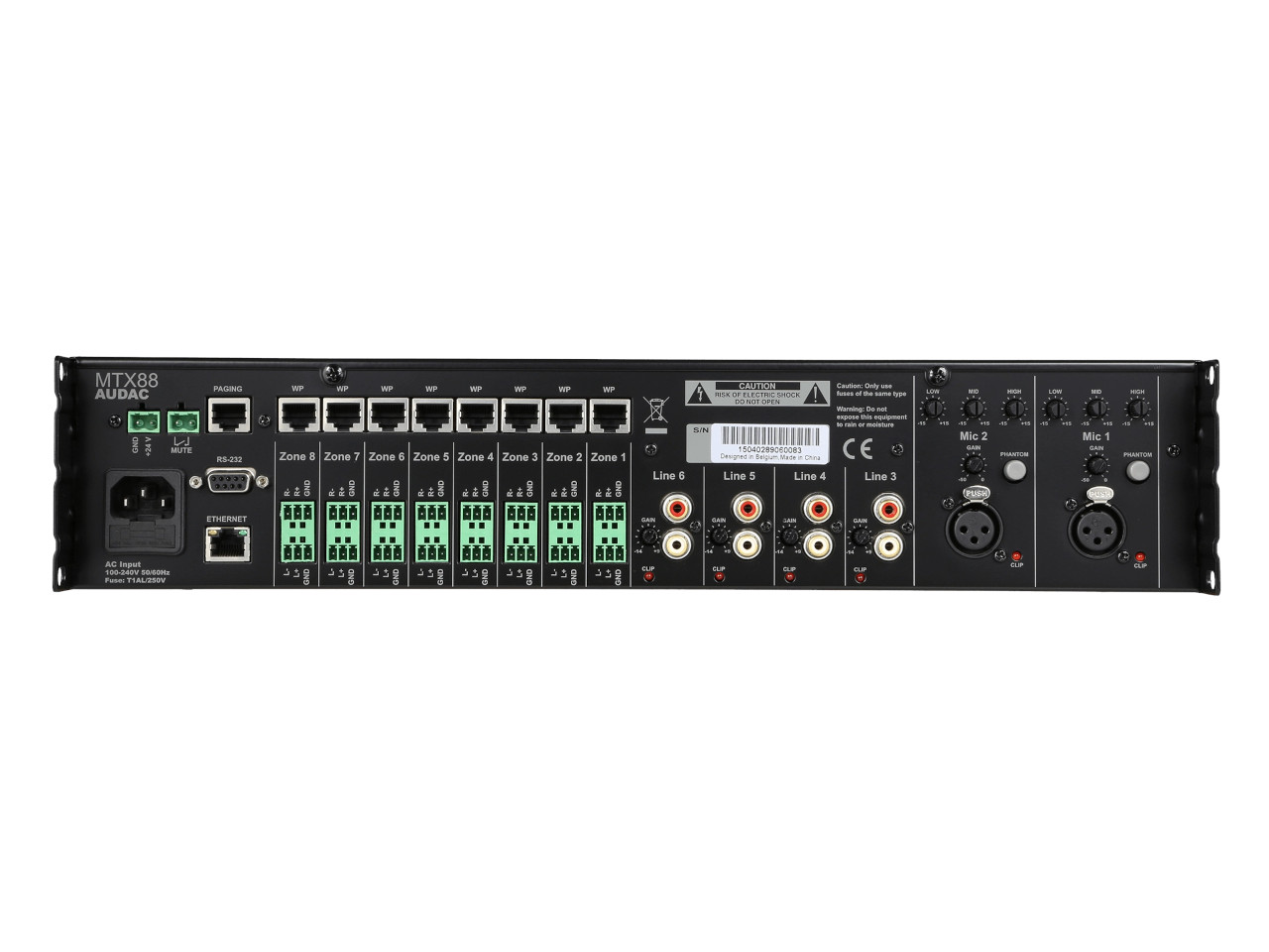 rack-mount mixer, audio matrix, 8-zone switch, XLR inputs, USB/RS-232