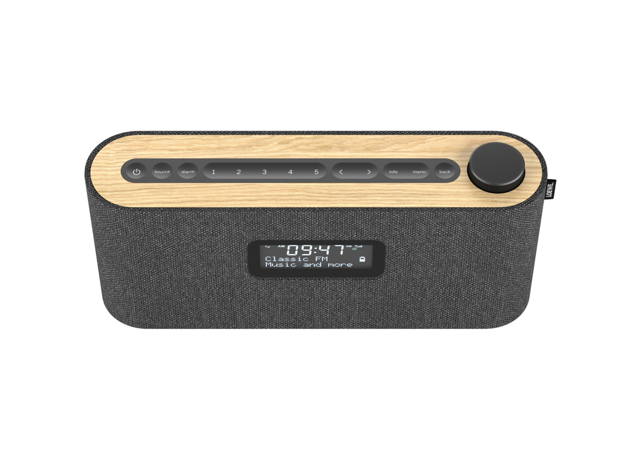 Bluetooth-Lautsprecher, Holzoberseite, Stoffgehäuse, Digitalanzeige, Lautstärkeregler