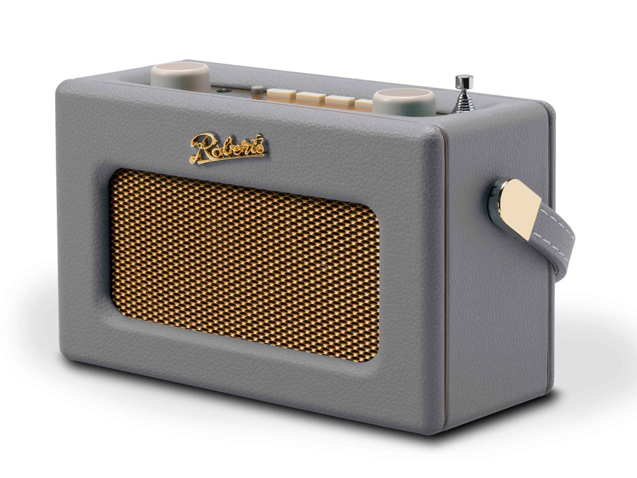 portabler Lautsprecher, Bluetooth-Lautsprecher, grau Leder, goldenes Gitter, kompaktes Design