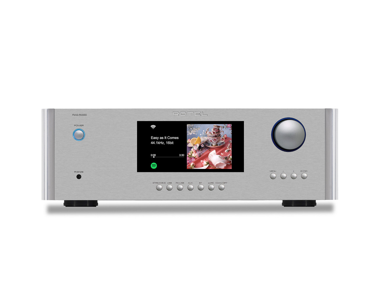 Stereo-Verstärker, Verstärker, integrierter Bildschirm, metallisch silbern, Lautstärkeregler