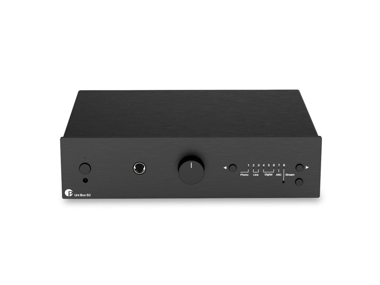 Stereo-Verstärker, schwarz, Vorderseite, Drehknopf, Audio-Interface