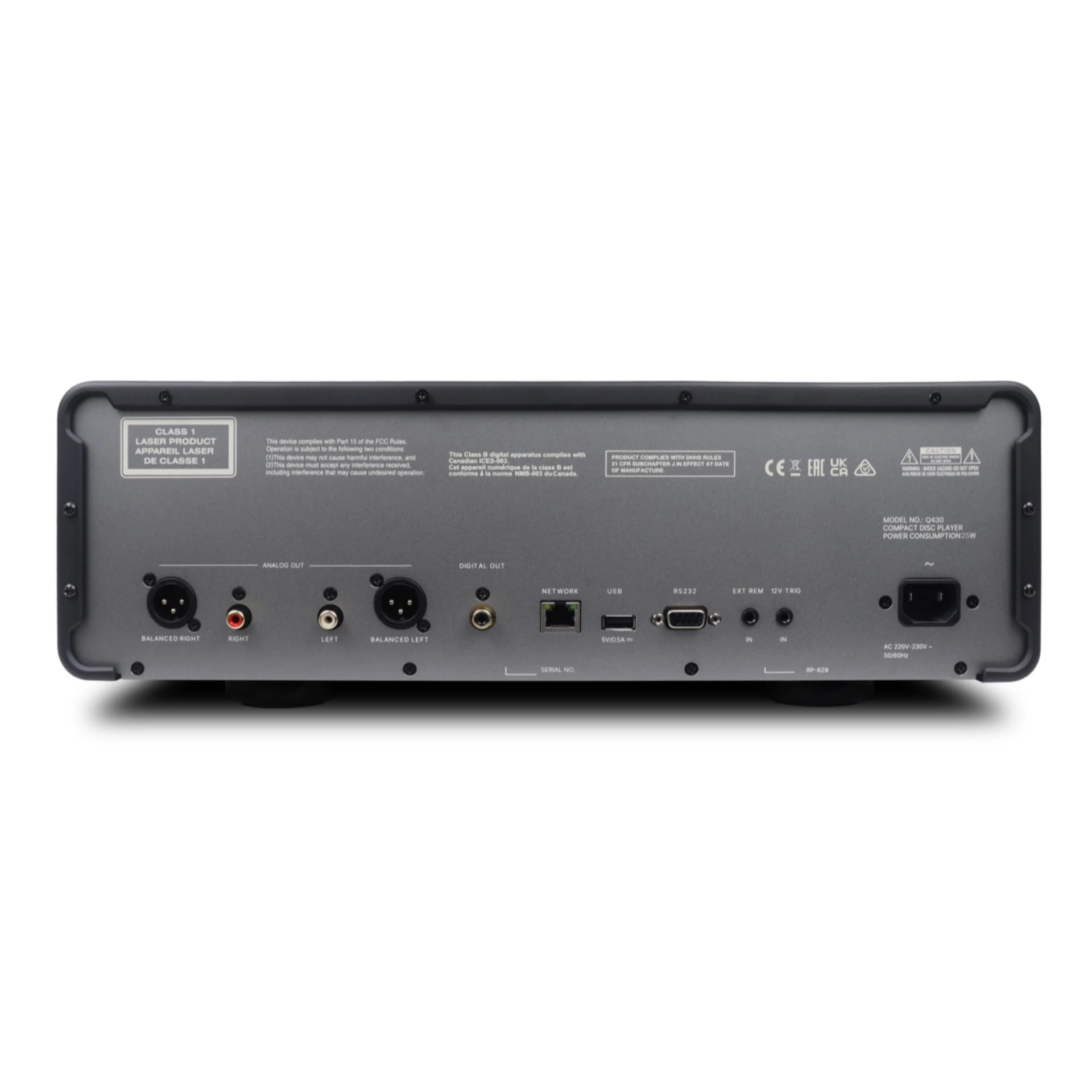 CD-Player, Audioausgänge, Netzwerkanschluss, USB-Anschluss, Schwarzes Gehäuse