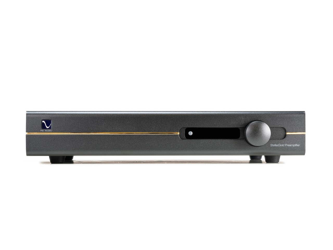 stereo Vorverstärker, Hi-Fi Verstärker, graues Metallgehäuse, goldener Streifen, Bedienknopf