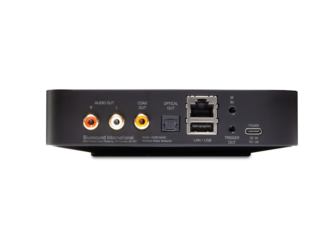bluetooth-streamer, audio-out, LAN/USB, koax-out, power-port