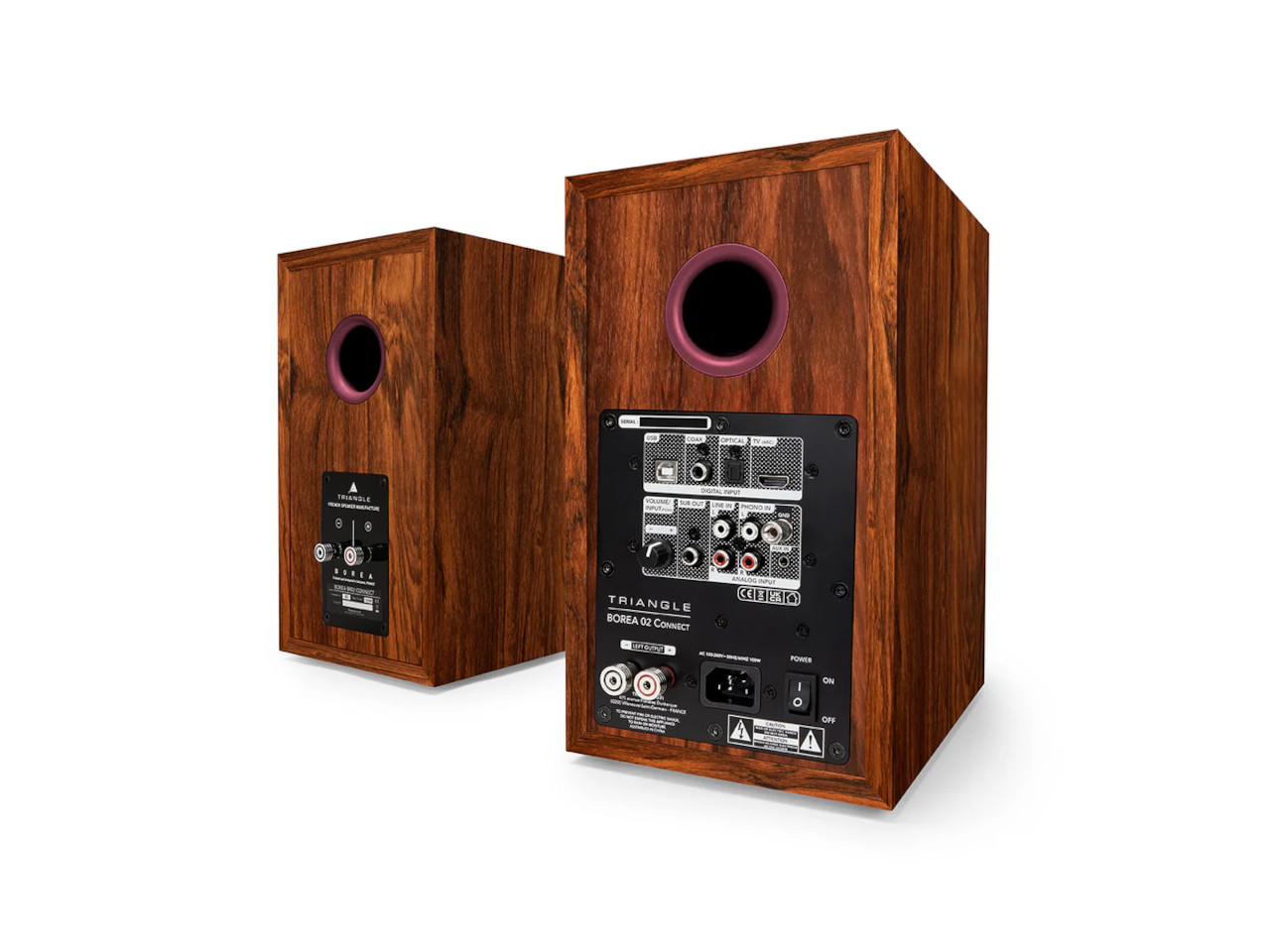 Stand-alone Lautsprecher, Holzlautsprecher, Stereo-Lautsprecher, Rückseite Anschlüsse, lila Loch Lautsprecher