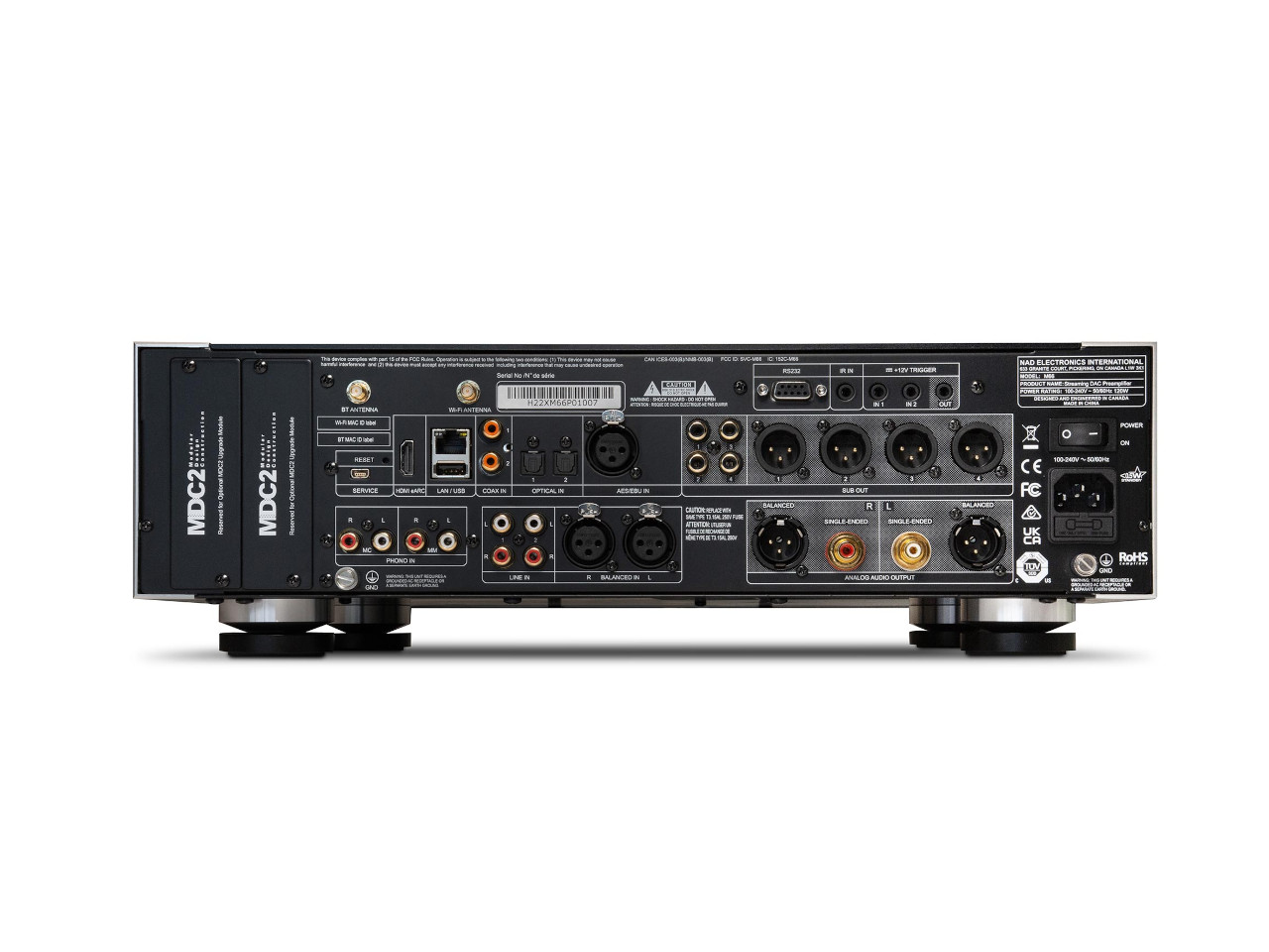 Verstärker Rückseite, Audioanschlüsse, RCA, XLR, ausgeglichene Ausgänge