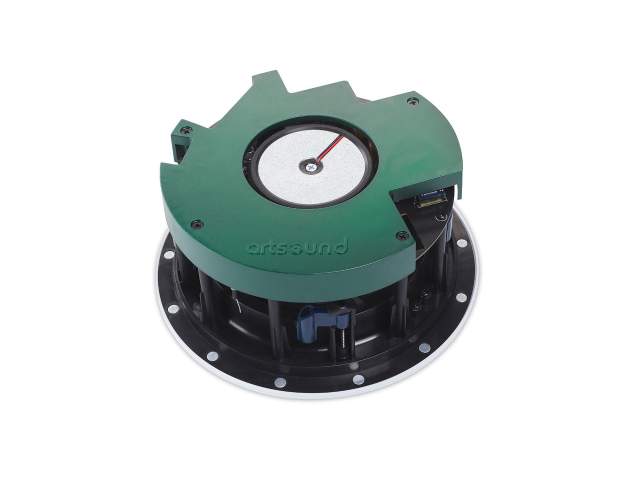Lautsprecher, Wandlautsprecher, grüne Gehäuse, runder Lautsprecher, randmontierter Lautsprecher